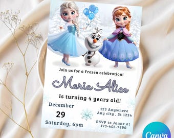 Convite de aniversário Frozen editável, modelo imprimível do Canva, convite para festa de inverno com tema de floco de neve, convite de aniversário da Princesa do Gelo, download digital