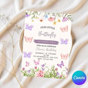 Editable Butterfly Birthday Invitation, 1st Birthday Invite, Floral Butterfly Birthday Invitation, Pink Purple Butterfly Party,