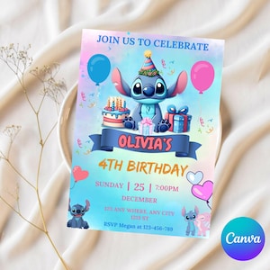 Editable Stitch Birthday Invitation Template, Printable Birthday Invitations, Digital Kids Party Invite, Digital Bday Card Invite, Stitch