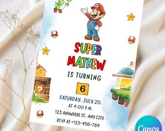 Editable Super Mario Birthday Invitation, Kids Super Mario Birthday Invite, Printable Mario Invitation Canva Template, Boys Birthday Party