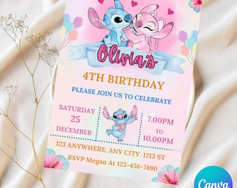Editable Stitch Birthday Invitation, Editable & Printable Template, Cute Stitch Party Invite, Canva Template, Instant Download, Girls invite