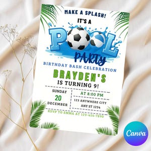 Bearbeitbare Fußball-blaue Geburtstagseinladung, Fußball-Geburtstagseinladung, Jungen-Sport-Sommer-Geburtstag einladen, Pool-Geburtstags-Einladung, Canva