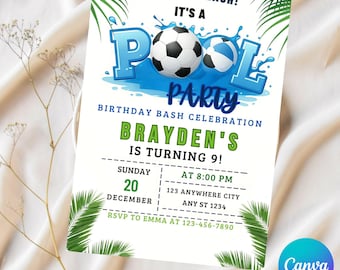 Soccer Pool Birthday Invitation: Editable Canva Template (Digital Download 5x7in