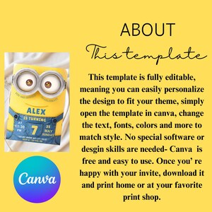 May include: A yellow birthday invitation featuring a Minion character design. The invitation includes the name "ALEX", the age "7", and event details. The Canva logo is visible in the lower left corner.