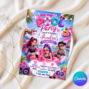 Può includere: Un invito rettangolare per una festa in piscina con tre personaggi in costume da bagno, un salvagente a forma di fenicottero rosa, un unicorno e un ananas. Il testo recita: SPLISH, SPLASH POOL PARTY, JOIN US TO CELEBRATE Amelia's 6TH BIRTHDAY.