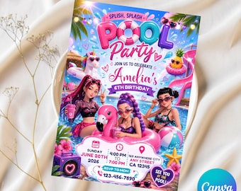 Convite para festa na piscina estilo K-pop, convite de aniversário editável para pré-adolescente, convite para festa na piscina de verão, convite digital editável para celular no Canva.