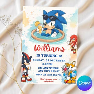 Sonic Pool Party verjaardagsuitnodiging, bewerkbare Sonic Canva-sjabloon, Sonic verjaardagsuitnodiging voor jongens, digitale sjabloon zomerfeest