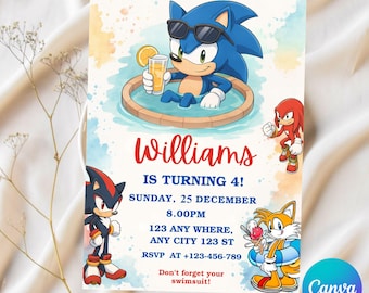 Invitación de cumpleaños de Sonic en la piscina, plantilla editable de Sonic en Canva, invitación de cumpleaños de Sonic para niños, plantilla digital para fiesta de verano