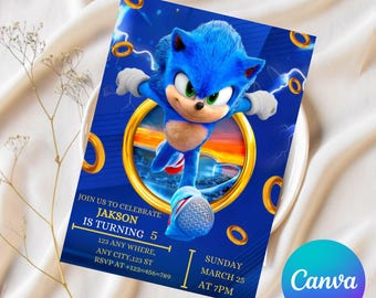 Editable Sonic Birthday Invitation, Super Hedgehog Boys Party Invite, Super Sonic Party Invitation, Editable Sonic Editable in Canva Invite