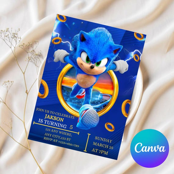Editable Sonic Birthday Invitation, Super Hedgehog Boys Party Invite, Super Sonic Party Invitation, Editable Sonic Editable in Canva Invite