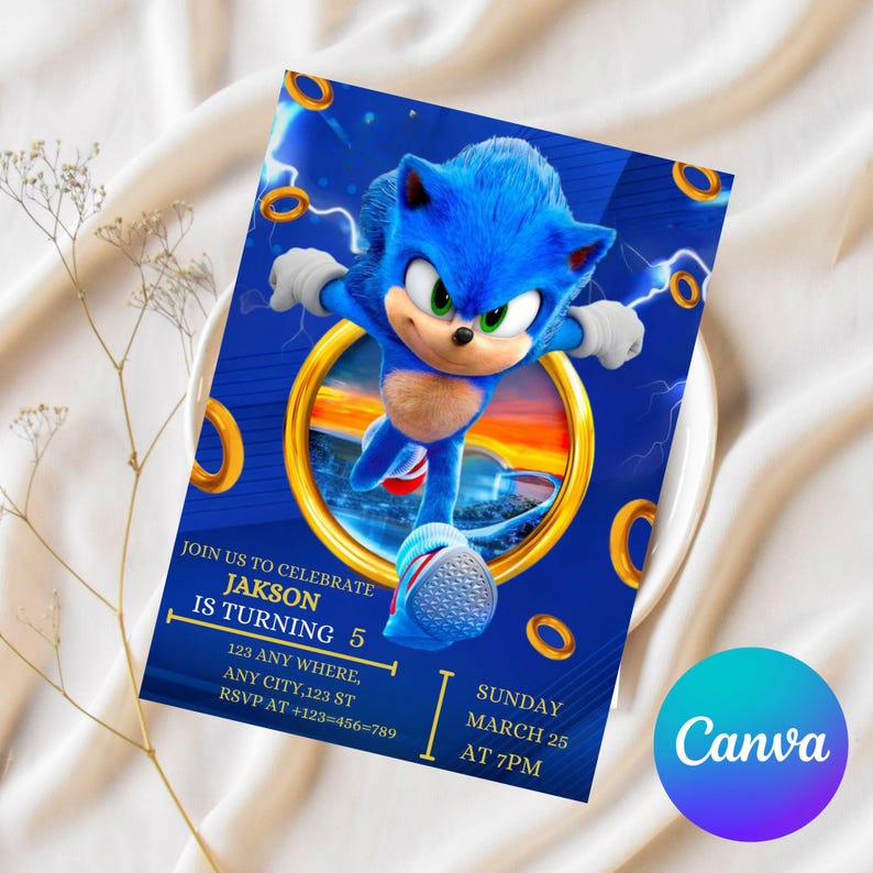 Editable Sonic Birthday Invitation, Super Hedgehog Boys Party Invite, Super Sonic Party Invitation, Editable Sonic Editable in Canva Invite image 1