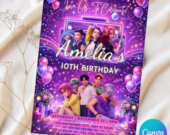 Convite de aniversário inspirado em Caçadores de Demônios Kpop | Convite de anime Kpop | Modelo digital editável para Canva