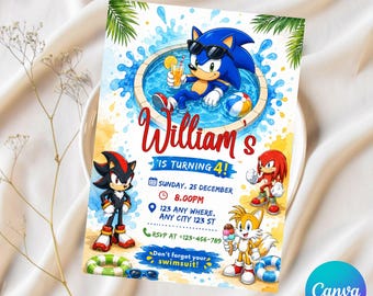 Convite de aniversário para festa na piscina do Sonic, modelo editável do Sonic no Canva, convite de aniversário do Sonic para meninos, modelo digital para festa de verão
