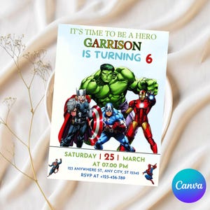 Editable Superhero Birthday Invitation Kids Birthday Party Invite Canva Template for Instant Digital Download .Avengers Party Template