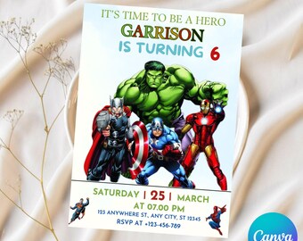 Editable Superhero Birthday Invitation Kids Birthday Party Invite Canva Template for Instant Digital Download .Avengers Party Template