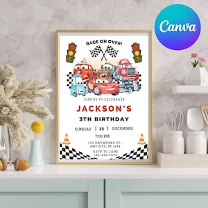 May include: A framed birthday invitation with a gold border. The invitation features cartoon cars, checkered flags, and traffic lights. Text includes "Race On Over!" and details for Jackson's 3rd birthday.