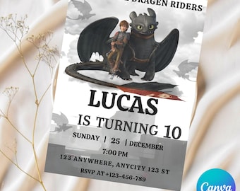 Convite de Aniversário Como Treinar o Seu Dragão Editável – Modelo Canva para Meninos – Festa Dragão Viking – Download Digital – Convite Digital