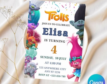Convite editável de Trolls, convite de aniversário de Trolls, modelo editável de festa de Trolls digitais Trolls, convite de aniversário da festa mais louca de Trolls