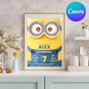 May include: A framed birthday invitation featuring a yellow Minion character with large goggles and blue overalls. The invitation reads "Alex is turning 7" with the date, time, and RSVP information. The Canva logo is in the upper right corner.