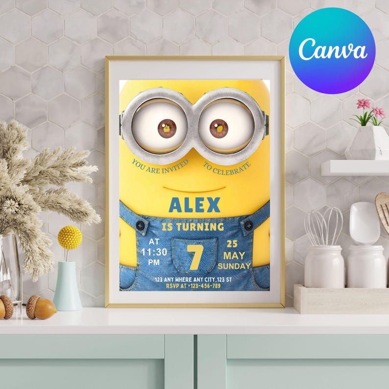 May include: A framed birthday invitation featuring a yellow Minion character with large goggles and blue overalls. The invitation reads "Alex is turning 7" with the date, time, and RSVP information. The Canva logo is in the upper right corner.