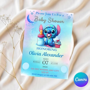 Stitch Moon Watercolor Baby Shower Invitation, Digital and Printable Invite, Lilo and Stitch Baby Shower Instant Download gender reveal