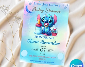 Stitch Moon Watercolor Baby Shower Invitation, Digital and Printable Invite, Lilo and Stitch Baby Shower Instant Download gender reveal