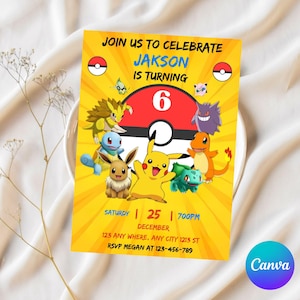 Puede incluir: Una invitación de cumpleaños amarilla con el texto "JOIN US TO CELEBRATE JAKSON IS TURNING 6". La invitación presenta varios personajes de dibujos animados y una gran bola roja y blanca. También se incluyen la fecha y la hora.