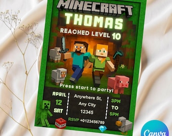 Invito di compleanno Minecraft modificabile, invito di compleanno Minecrafter download immediato, invito per giocatori, invito di compleanno a tema Minecraft