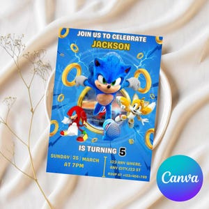 Faire-part d'anniversaire Sonic modifiable, invitation à une fête de garçons Super hérisson, invitation à une fête Super Sonic, Sonic modifiable, modifiable sur Canva Invite
