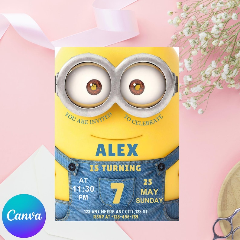 May include: A birthday party invitation featuring a yellow Minion character with large eyes and silver goggles. The invitation includes the name "ALEX", the age "7", and event details. The text "YOU ARE INVITED TO CELEBRATE" is also present.