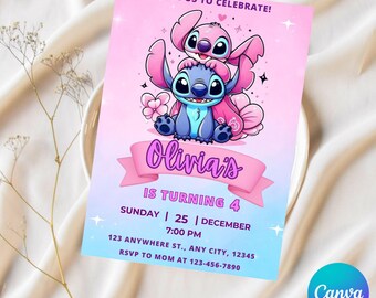 Editable Stitch Birthday Invitation, Editable & Printable Template, Cute Stitch Party Invite, Canva Template, Instant Download, Girls invite