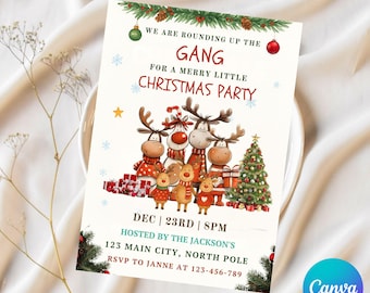 Convite para Festa de Natal com Renas, Convite "Estamos Reunindo a Turma", Modelo Digital de Natal, Festa de Fim de Ano com Tema de Rudolph