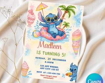 Invitation d&#39;anniversaire de fête de piscine de point : modèle modifiable de toile (téléchargement numérique 5 x 7 pouces