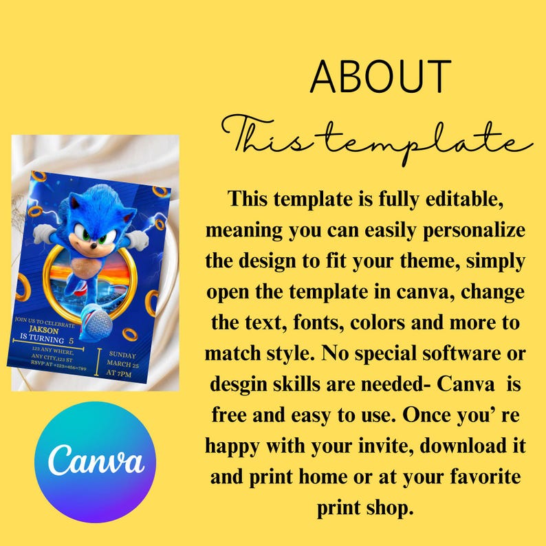 Editable Sonic Birthday Invitation, Super Hedgehog Boys Party Invite, Super Sonic Party Invitation, Editable Sonic Editable in Canva Invite image 5