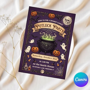 May include: A rectangular Halloween potluck party invitation card with a purple background. The design features a central black cauldron with green bubbling liquid, surrounded by ghosts, pumpkins, bats, a skull, and spiderwebs. Text includes JOIN US FOR A SPOOKY LUNCH, POTLUCK PARTY, Saturday, October 31st, At 1:00 PM, AT THE SMITH HOUSE, 123 SPOOKY LANE, FREEDOM CT.