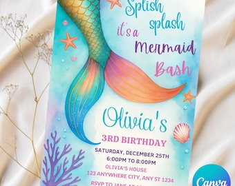 Bearbeitbare Meerjungfrau-Geburtstagseinladung, Mermaid Bash unter dem Meer-Geburtstag einladen, Meerjungfrau lädt ein, bearbeitbare Canva-Vorlage.