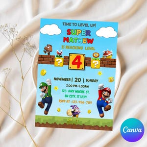Editable Super Mario Birthday Invitation, Kids Super Mario Birthday Invite, Printable Mario Invitation Canva Template, Boys Birthday Party