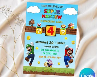 Bewerkbare Super Mario-verjaardagsuitnodiging, Super Mario-verjaardagsuitnodiging voor kinderen, afdrukbare Mario-uitnodiging Canva-sjabloon, verjaardagsfeestje jongens