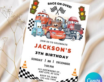 Cars Birthday Invitation, Kids Birthday Invitation, Lightning McQueen Invitation, Editable Personalized Canva  Digital Download