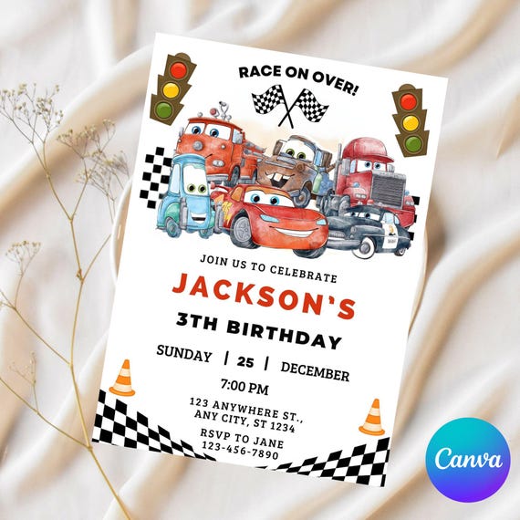 Cars Birthday Invitation, Kids Birthday Invitation, Lightning McQueen Invitation, Editable Personalized Canva  Digital Download