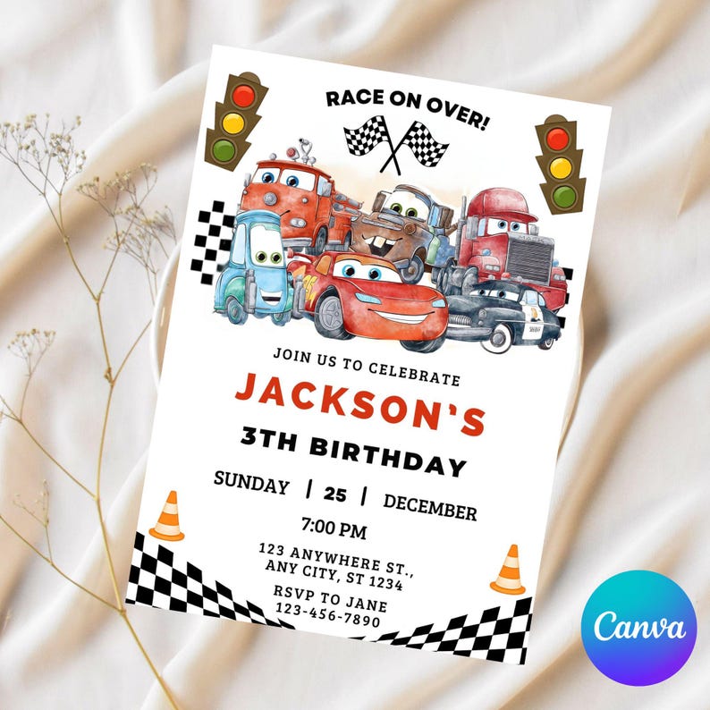 Cars Birthday Invitation, Kids Birthday Invitation, Lightning McQueen Invitation, Editable Personalized Canva Digital Download image 1