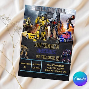May include: An invitation featuring Autobots characters, a yellow sports car, and a semi-truck. The text reads "CALLING ALL AUTOBOTS JACKSON IS TURNING 5" with event details: December 25, Sunday at 7 PM, and an RSVP.