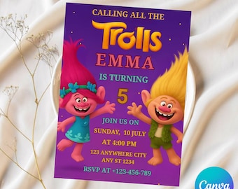 Convite de aniversário editável Trolls: Poppy Party, modelo Canva (download digital 5 x 7 pol.)