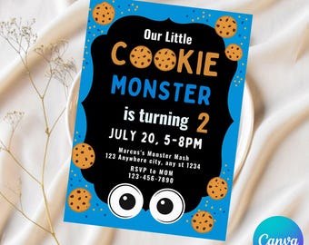 Convite de 2º aniversário do Monstro dos Biscoitos, modelo de convite de aniversário do Canva, convite de aniversário, convite de aniversário editável do Monstro dos Biscoitos