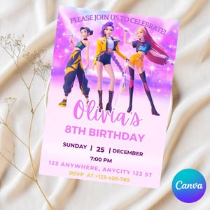 May include: A birthday party invitation with a vibrant design. The invitation features three animated figures and the text "PLEASE JOIN US TO CELEBRATE!" and "Olivia's 8TH BIRTHDAY". Additional text includes the date, time, and RSVP information.