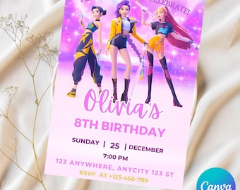 Convite de aniversário para menina inspirado em Caçadores de Demônios Kpop, modelo editável do Canva, convite digital para festa, tema Glow Pop Star, download instantâneo