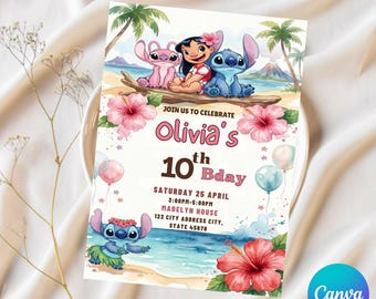 Convite de aniversário do Stitch editável, modelo editável e imprimível, convite fofo para festa do Stitch, modelo do Canva, download digital