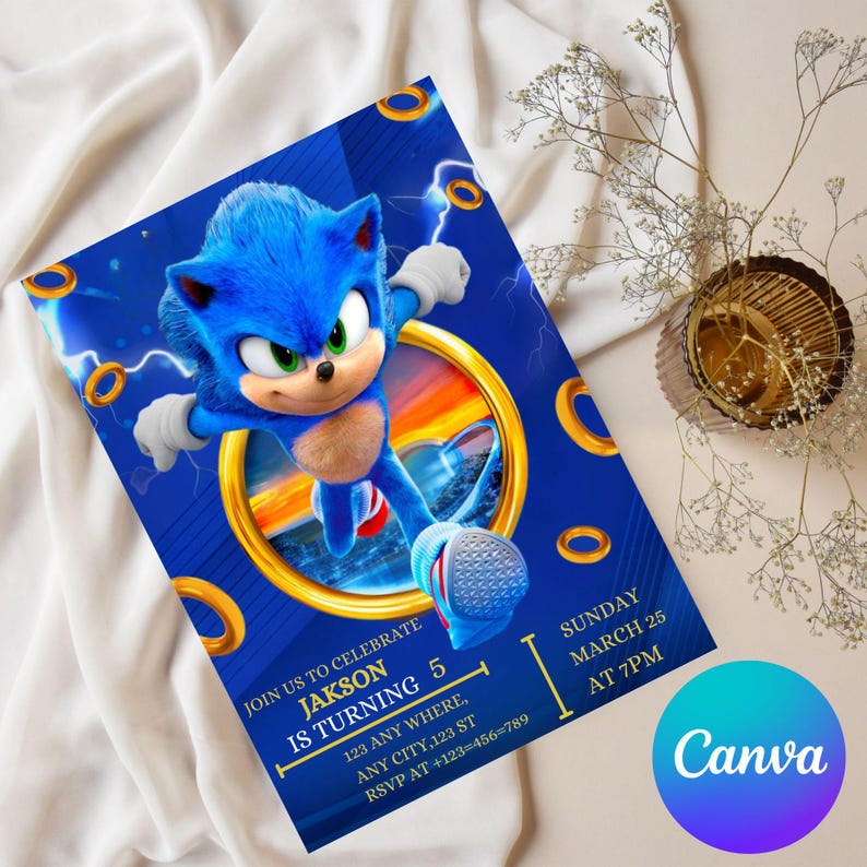 Editable Sonic Birthday Invitation, Super Hedgehog Boys Party Invite, Super Sonic Party Invitation, Editable Sonic Editable in Canva Invite image 2