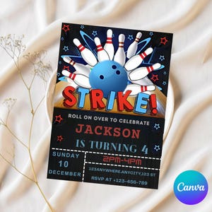 Bowling Birthday Invitation: Strike Party, Editable Template (Evite)