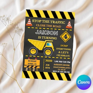 Editable Construction Truck Birthday Invitation: Canva Template (Digital Download)
